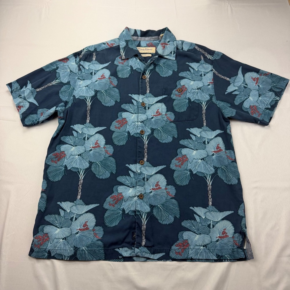 Tommy Bahama Button Up Shirt Mens Medium Blue Heritage Tortola Silk Palm Print